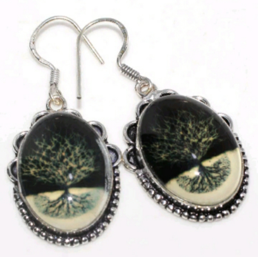 New Fancy Glass Tree of Life 925 Silver Earrings.